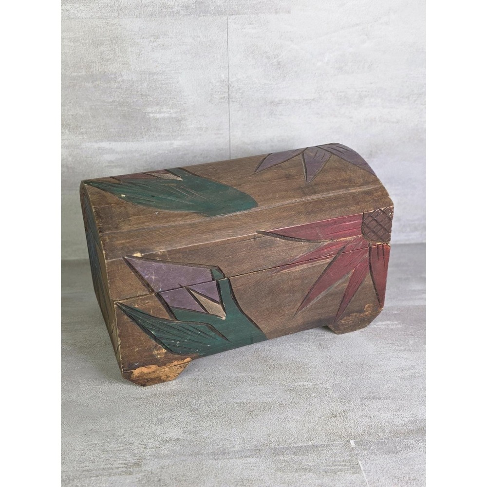 vtg hand-carved wooden dome Chest Storage/trinket Box adorned Painted Flowers